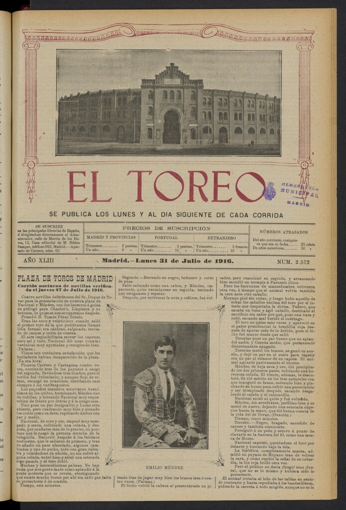 Miniatura de El Toreo: suplemento a "La Correspondencia Teatral" del 31 de julio de 1916, nº 2572