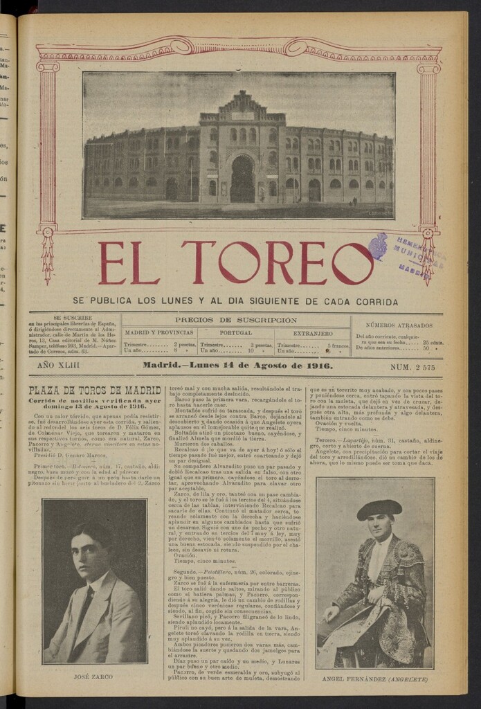 Miniatura de El Toreo: suplemento a "La Correspondencia Teatral" del 14 de agosto de 1916, nº 2575