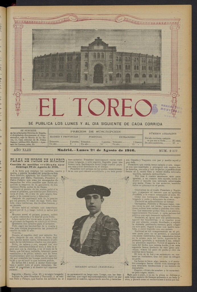 Miniatura de El Toreo: suplemento a "La Correspondencia Teatral" del 21 de agosto de 1916, nº 2577