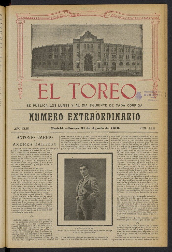 Miniatura de El Toreo: suplemento a "La Correspondencia Teatral" del 31 de agosto de 1916, nº 2579