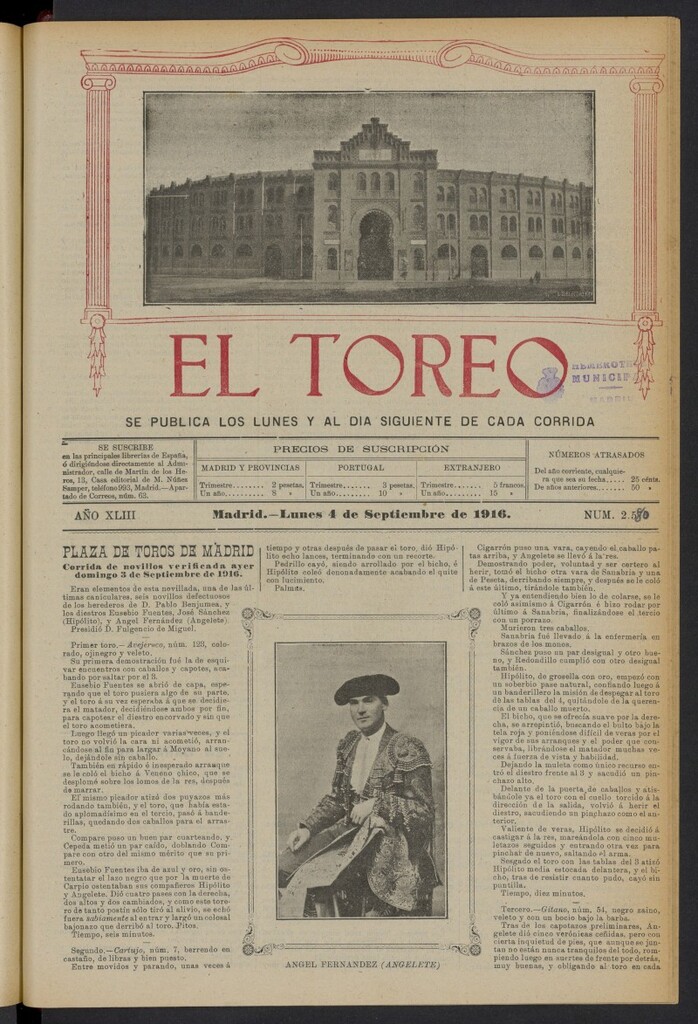 Miniatura de El Toreo: suplemento a "La Correspondencia Teatral" del 4 de septiembre de 1916, nº 2580