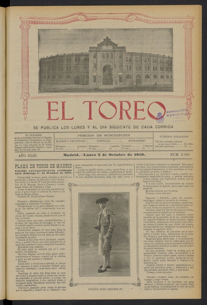 Miniatura de El Toreo: suplemento a "La Correspondencia Teatral" del 2 de octubre de 1916, nº 2585