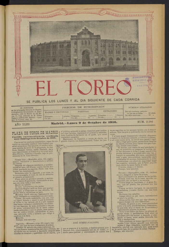 Miniatura de El Toreo: suplemento a "La Correspondencia Teatral" del 9 de octubre de 1916, nº 2586