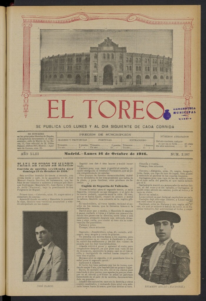 Miniatura de El Toreo: suplemento a "La Correspondencia Teatral" del 16 de octubre de 1916, nº 2587