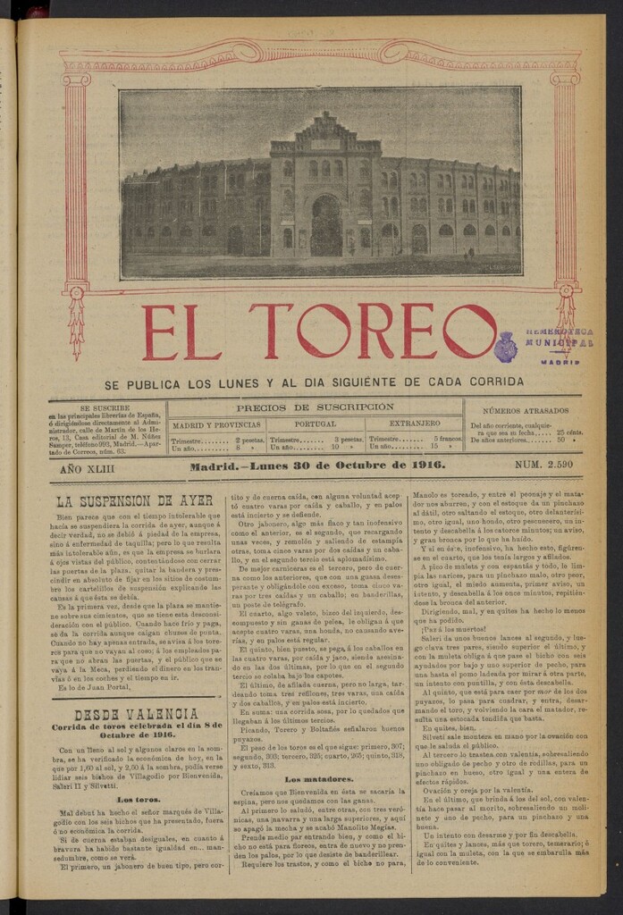 Miniatura de El Toreo: suplemento a "La Correspondencia Teatral" del 30 de octubre de 1916, nº 2590