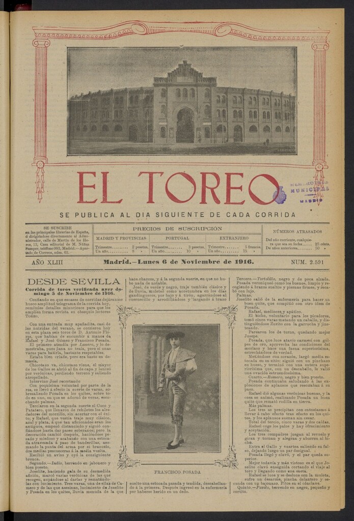 Miniatura de El Toreo: suplemento a "La Correspondencia Teatral" del 6 de noviembre de 1916, nº 2591
