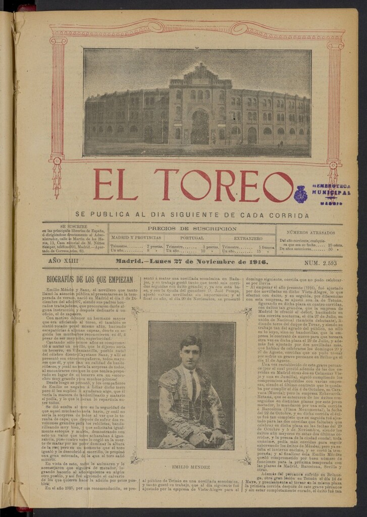 Miniatura de El Toreo: suplemento a "La Correspondencia Teatral" del 27 de noviembre de 1916, nº 2593