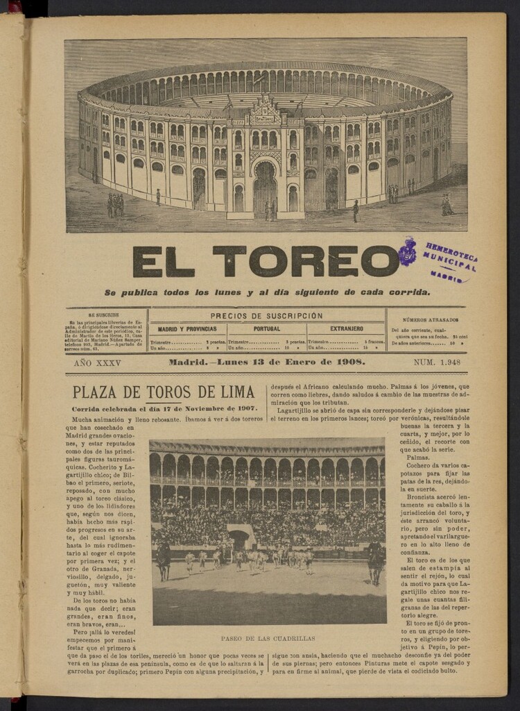 Miniatura de El Toreo: suplemento a ´´La Correspondencia Teatral´´  del 13 de enero de 1908, nº 1948