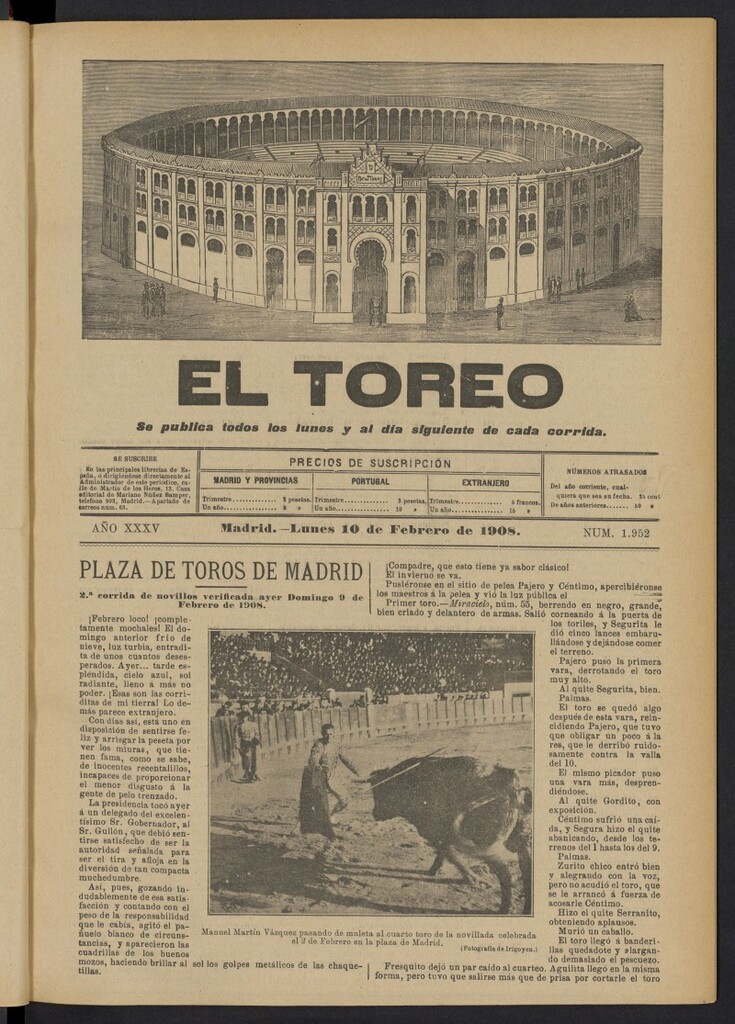 Miniatura de El Toreo: suplemento a ´´La Correspondencia Teatral´´  del 10 de febrero de 1908, nº 1952