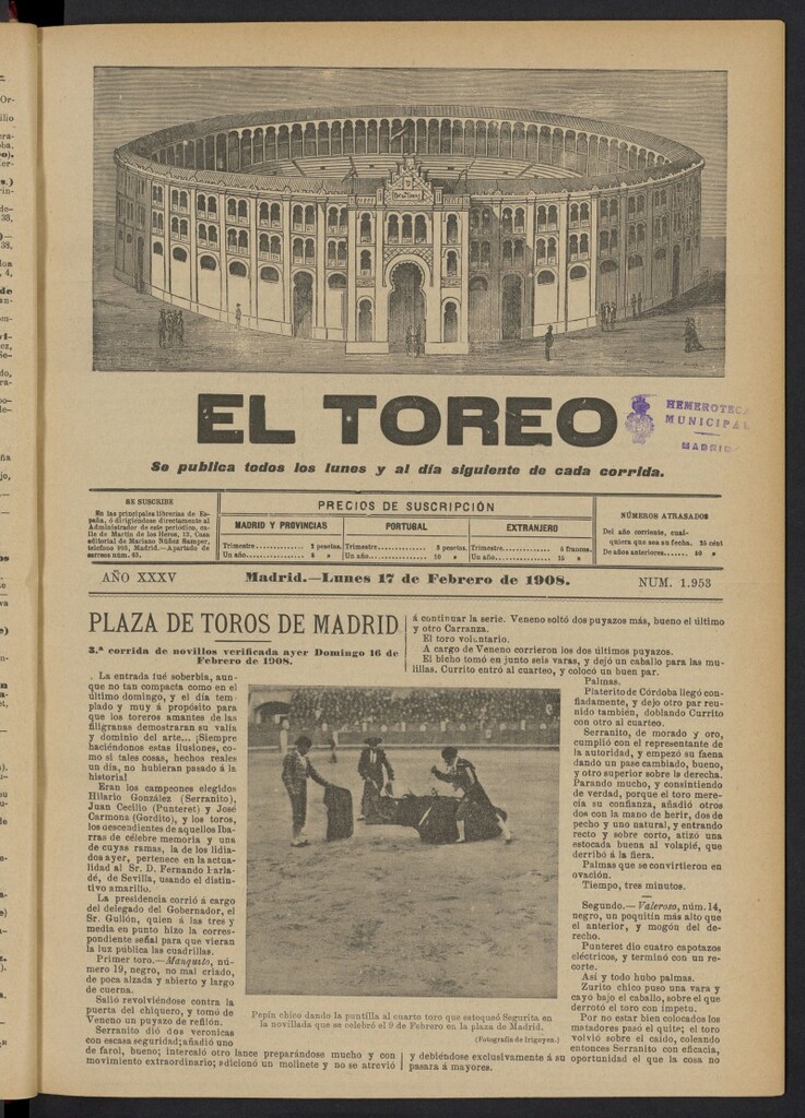 Miniatura de El Toreo: suplemento a ´´La Correspondencia Teatral´´  del 17 de febrero de 1908, nº 1953