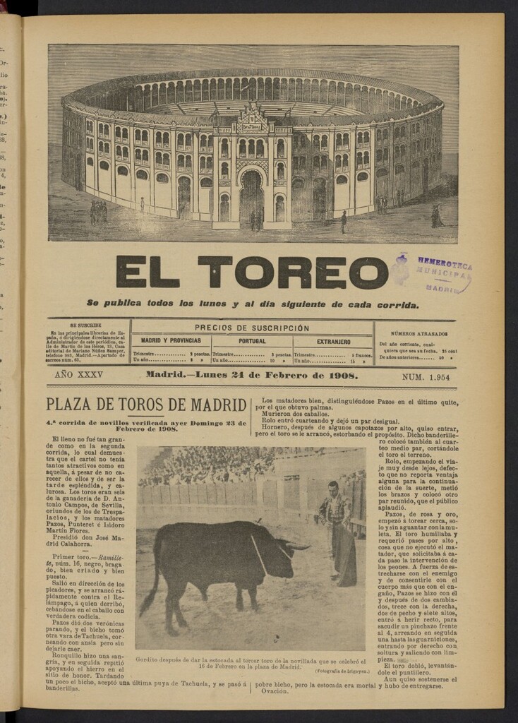 Miniatura de El Toreo: suplemento a "La Correspondencia Teatral"  del 24 de febrero de 1908, nº 1954