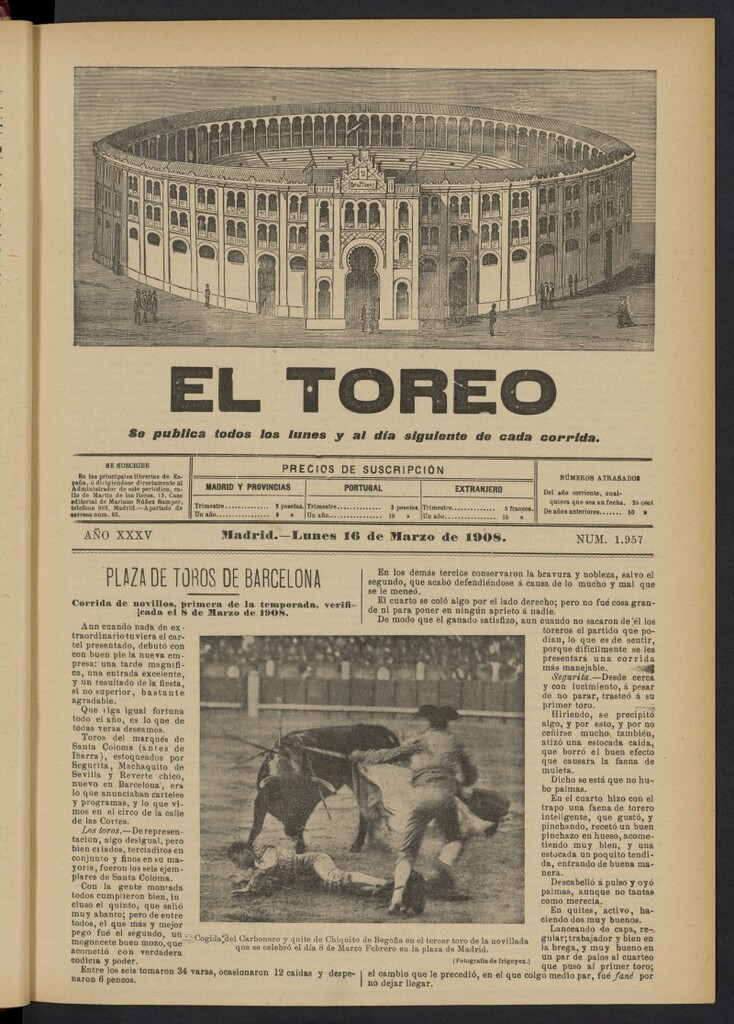 Miniatura de El Toreo: suplemento a ´´La Correspondencia Teatral´´  del 16 de marzo de 1908, nº 1957
