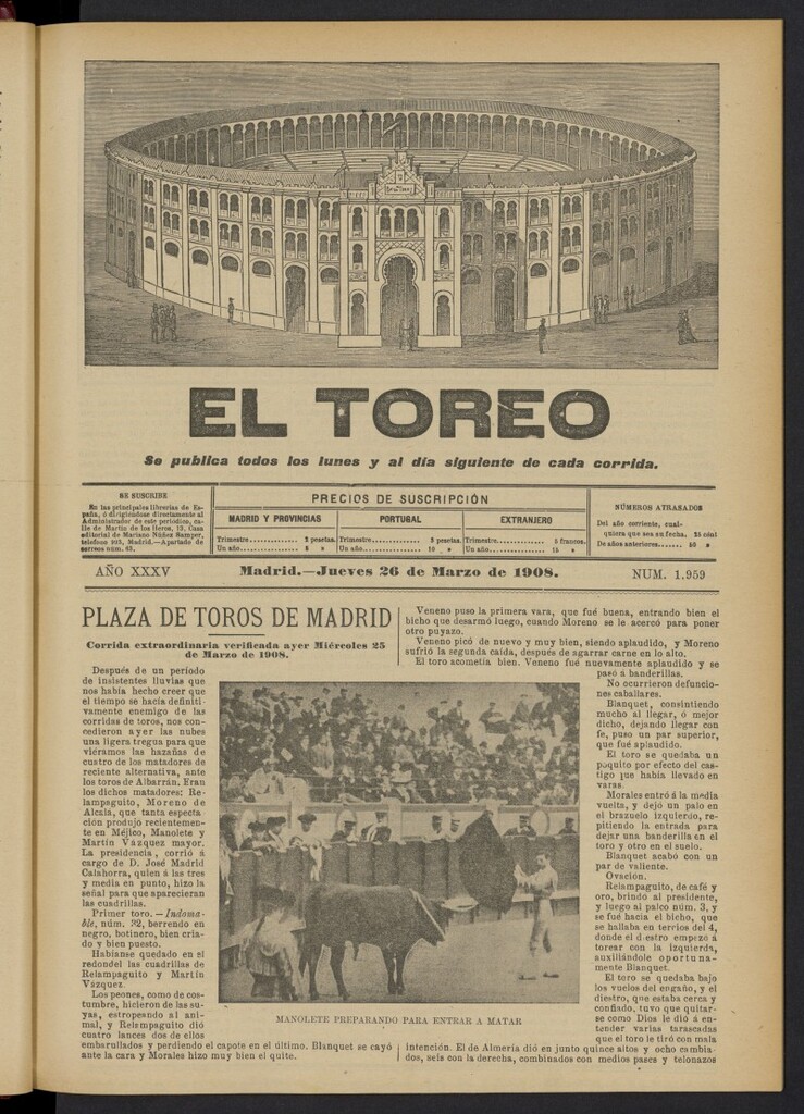 Miniatura de El Toreo: suplemento a "La Correspondencia Teatral"  del 26 de marzo de 1908, nº 1959