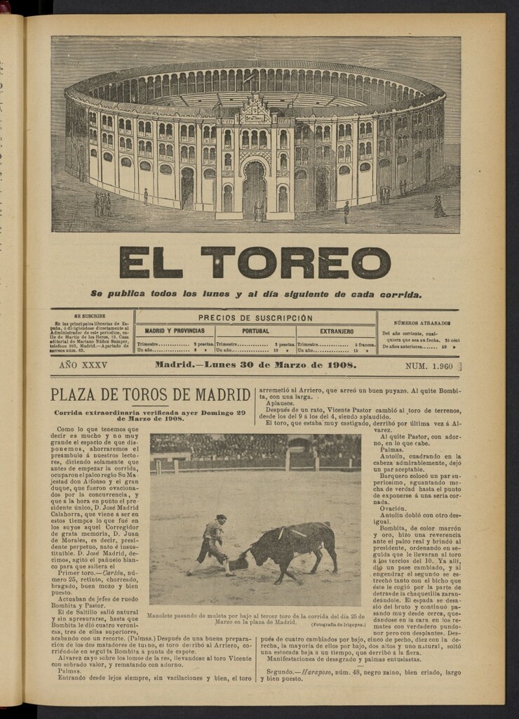 Miniatura de El Toreo: suplemento a "La Correspondencia Teatral"  del 30 de marzo de 1908, nº 1960