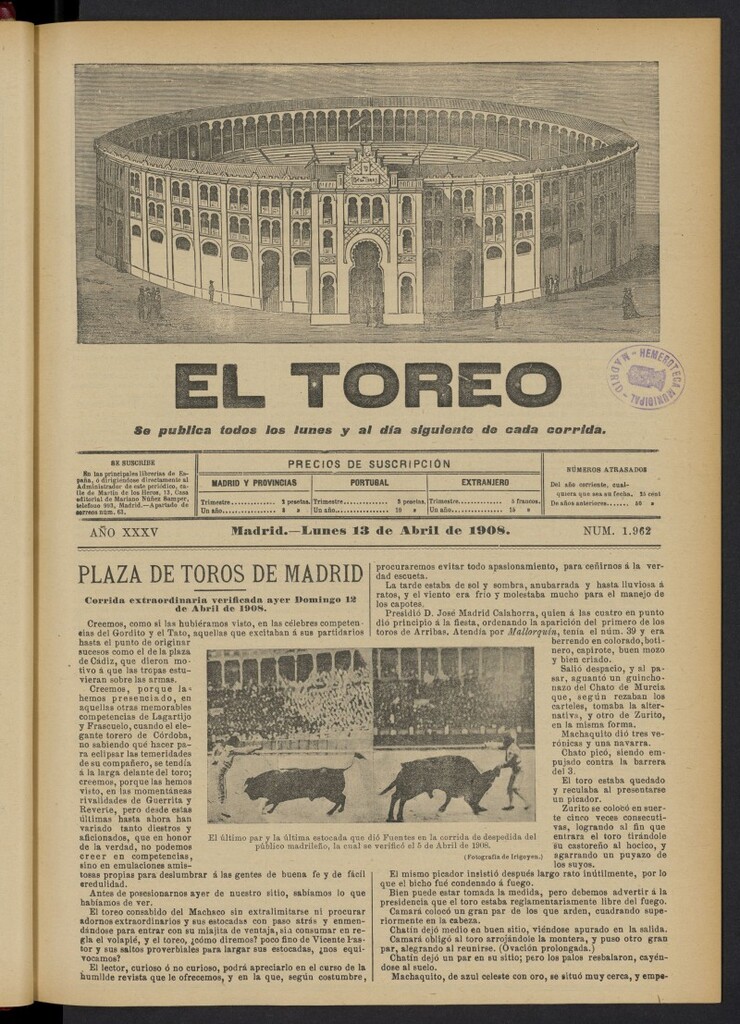 Miniatura de El Toreo: suplemento a ´´La Correspondencia Teatral´´  del 13 de abril de 1908, nº 1962