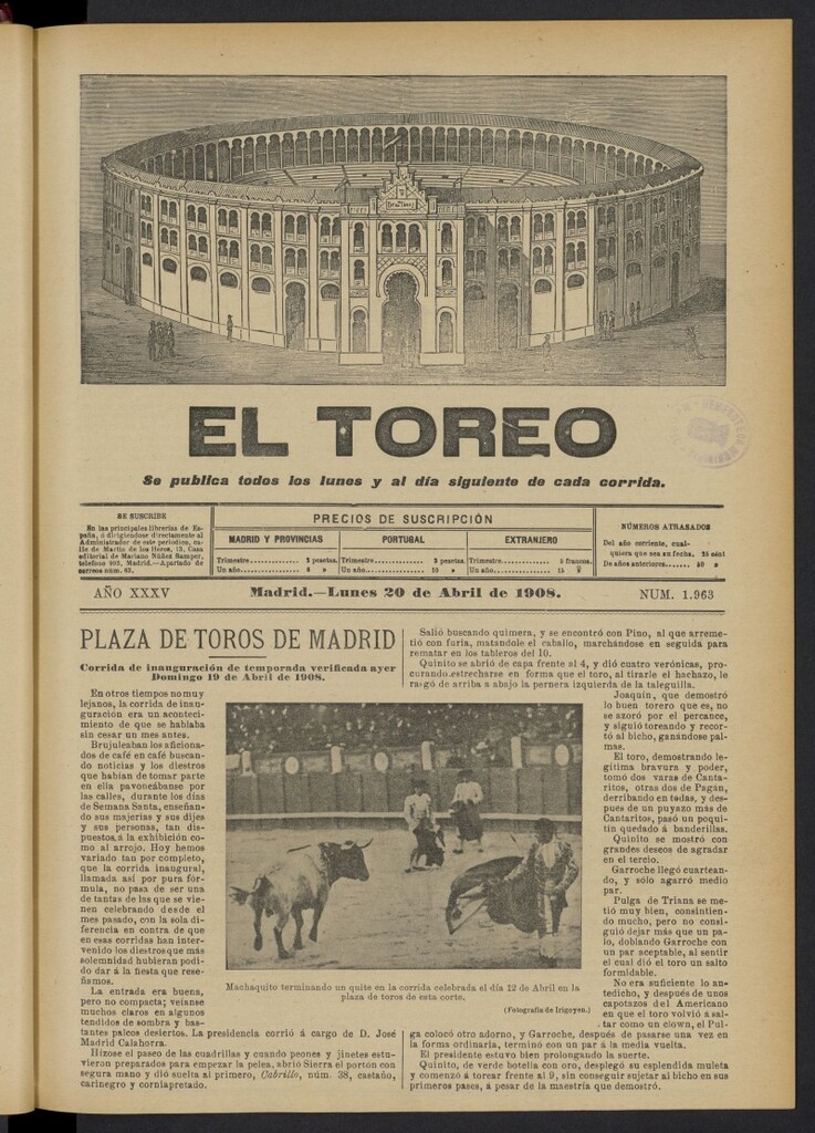 Miniatura de El Toreo: suplemento a ´´La Correspondencia Teatral´´  del 20 de abril de 1908, nº 1963
