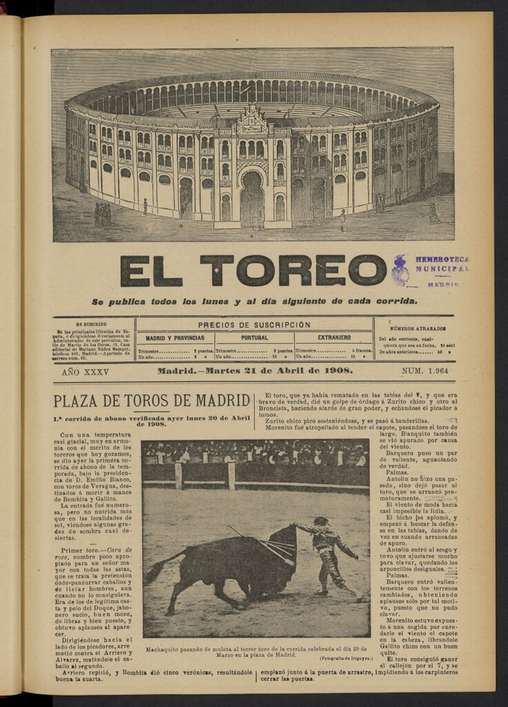 Miniatura de El Toreo: suplemento a ´´La Correspondencia Teatral´´  del 21 de abril de 1908, nº 1964