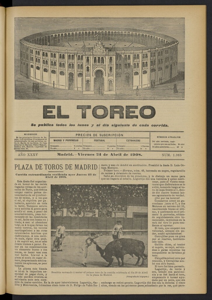 Miniatura de El Toreo: suplemento a "La Correspondencia Teatral"  del 24 de abril de 1908, nº 1965