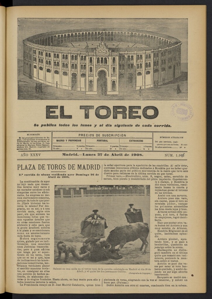 Miniatura de El Toreo: suplemento a "La Correspondencia Teatral"  del 27 de abril de 1908, nº 1966