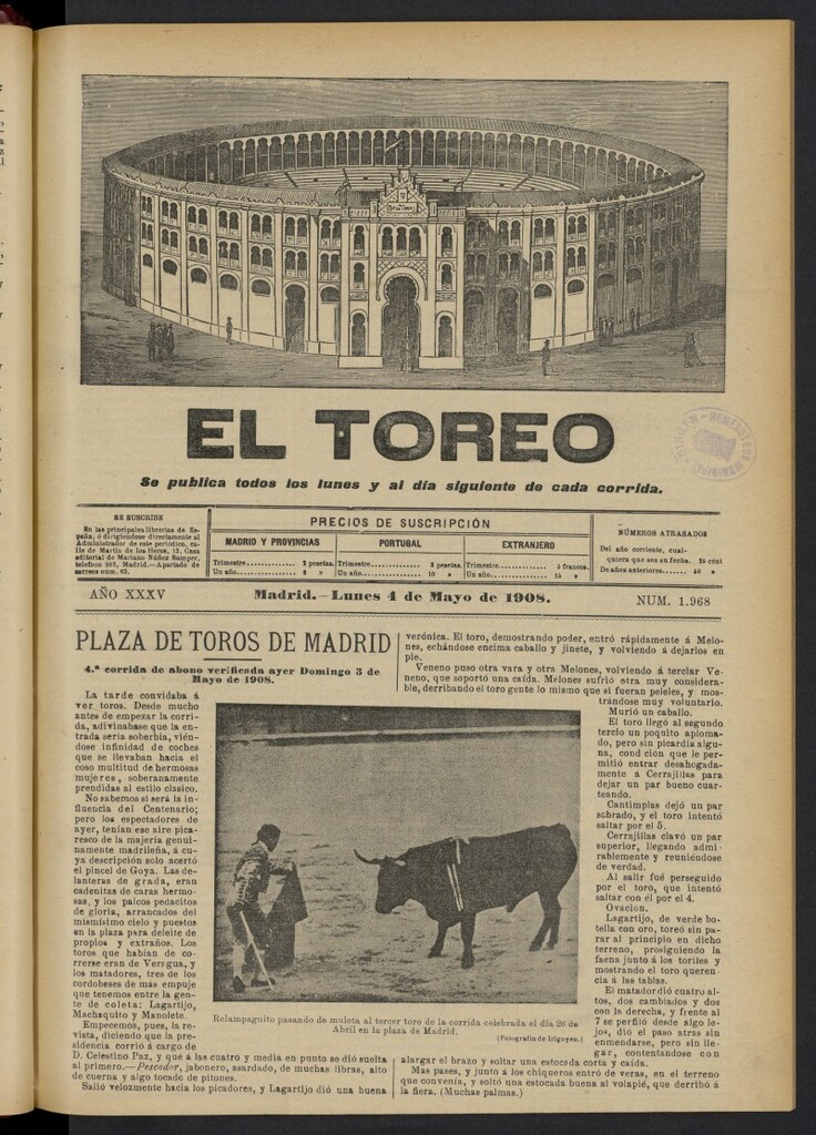 Miniatura de El Toreo: suplemento a "La Correspondencia Teatral"  del 4 de mayo de 1908, nº 1968