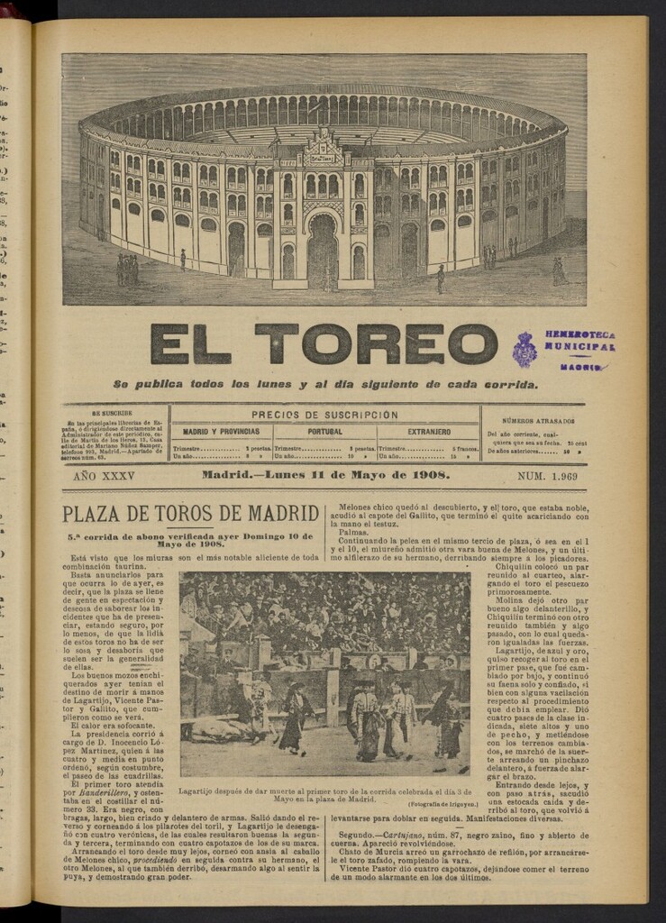 Miniatura de El Toreo: suplemento a ´´La Correspondencia Teatral´´  del 11 de mayo de 1908, nº 1969