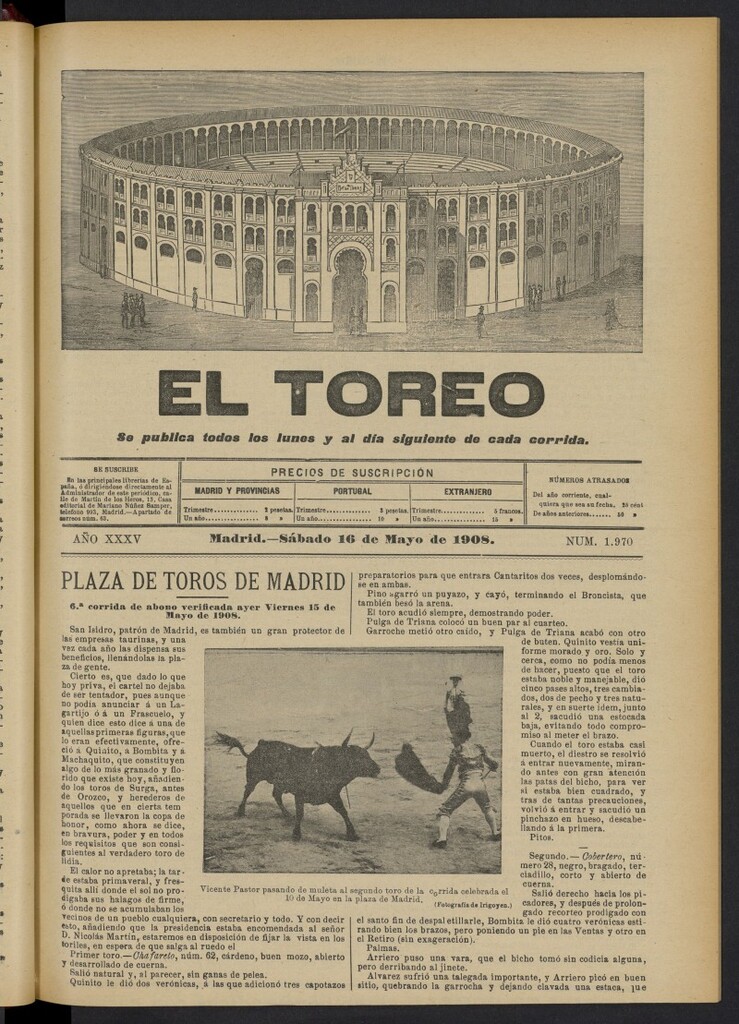 Miniatura de El Toreo: suplemento a ´´La Correspondencia Teatral´´  del 16 de mayo de 1908, nº 1970