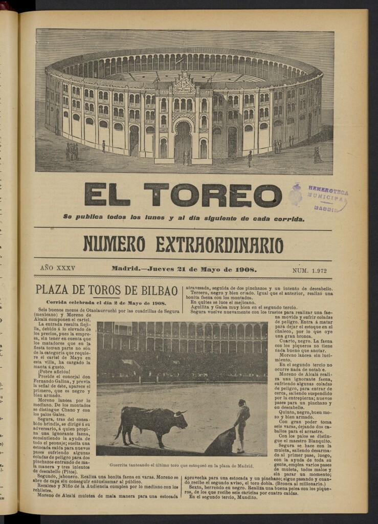 Miniatura de El Toreo: suplemento a ´´La Correspondencia Teatral´´  del 21 de mayo de 1908, nº 1972
