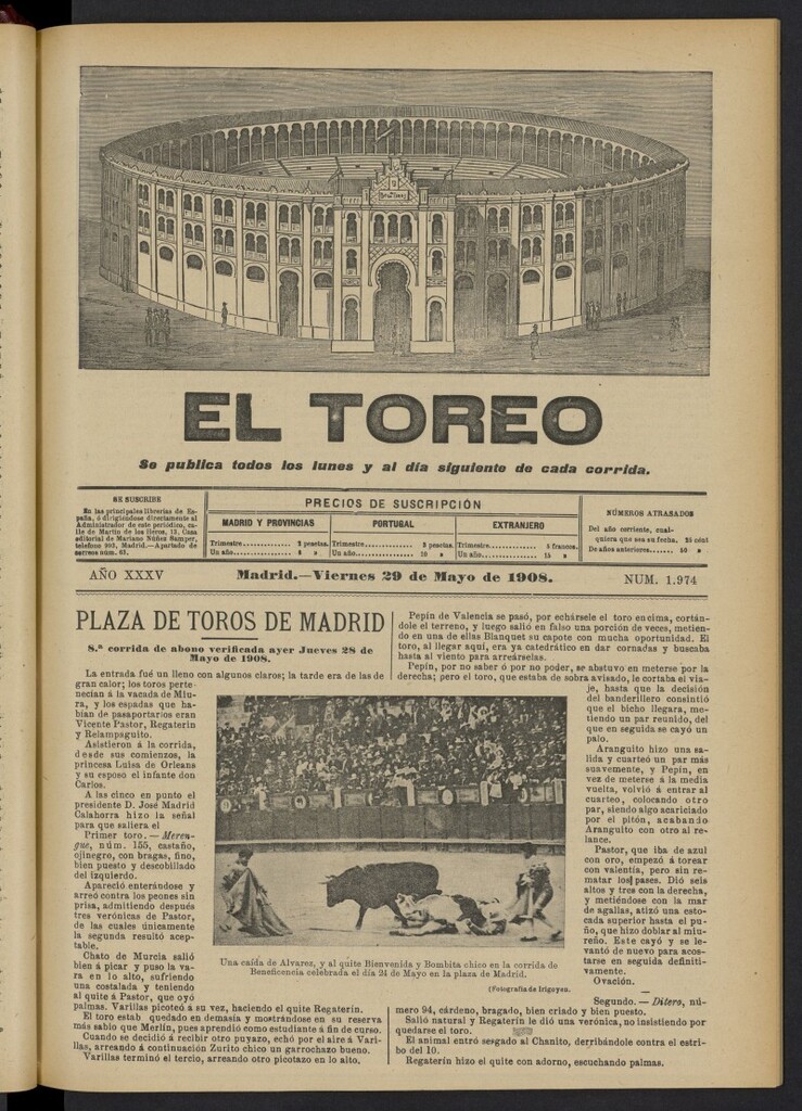 Miniatura de El Toreo: suplemento a "La Correspondencia Teatral"  del 29 de mayo de 1908, nº 1974