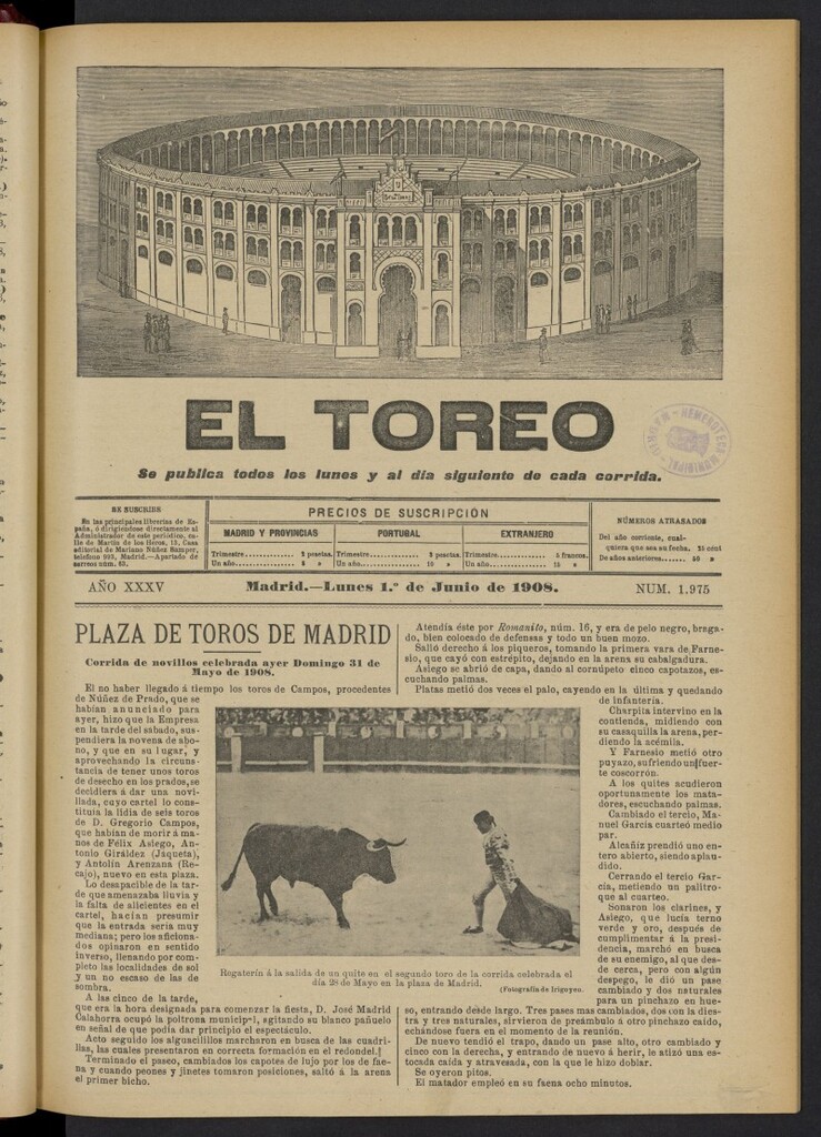 Miniatura de El Toreo: suplemento a ´´La Correspondencia Teatral´´  del 1 de junio de 1908, nº 1975