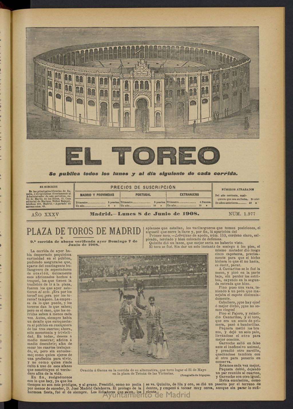 Miniatura de El Toreo: suplemento a "La Correspondencia Teatral"  del 8 de junio de 1908, nº 1977