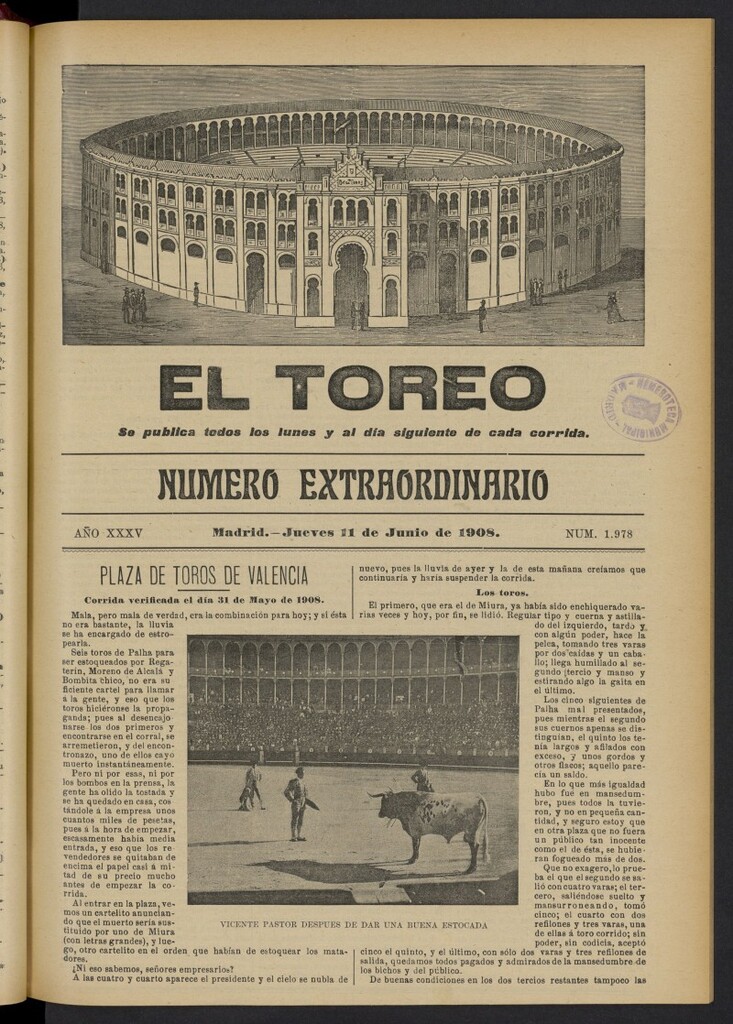 Miniatura de El Toreo: suplemento a ´´La Correspondencia Teatral´´  del 11 de junio de 1908, nº 1978