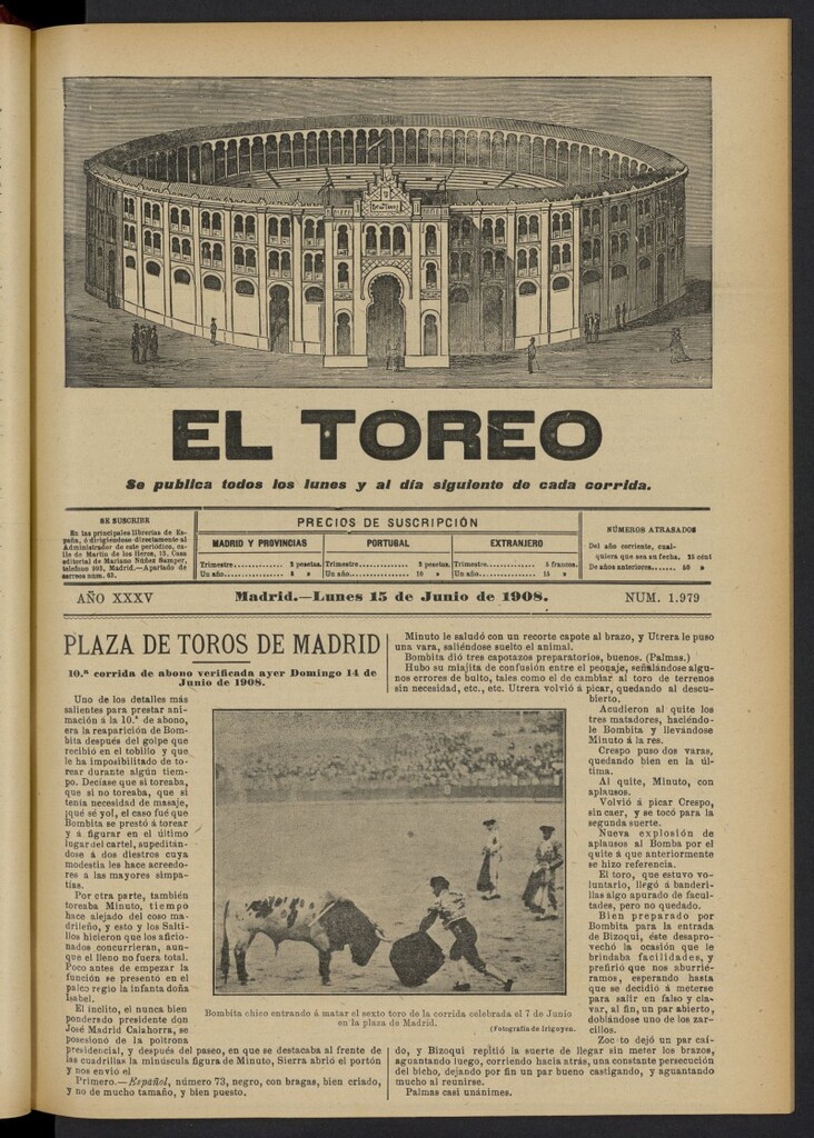 Miniatura de El Toreo: suplemento a ´´La Correspondencia Teatral´´  del 15 de junio de 1908, nº 1979