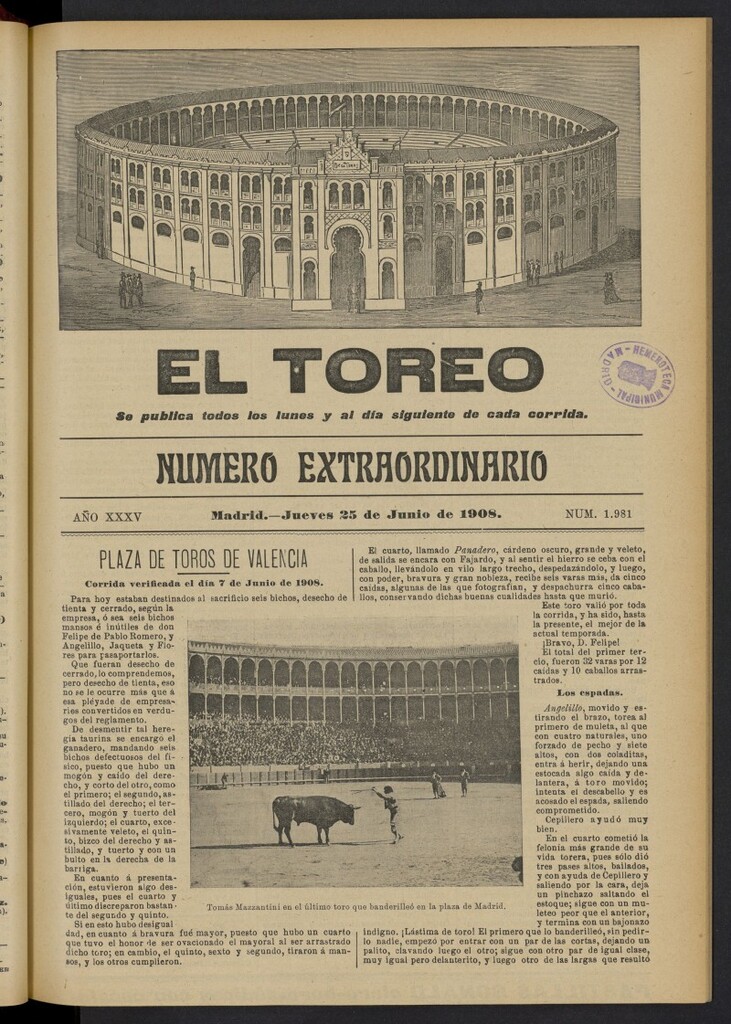 Miniatura de El Toreo: suplemento a "La Correspondencia Teatral"  del 25 de junio de 1908, nº 1981