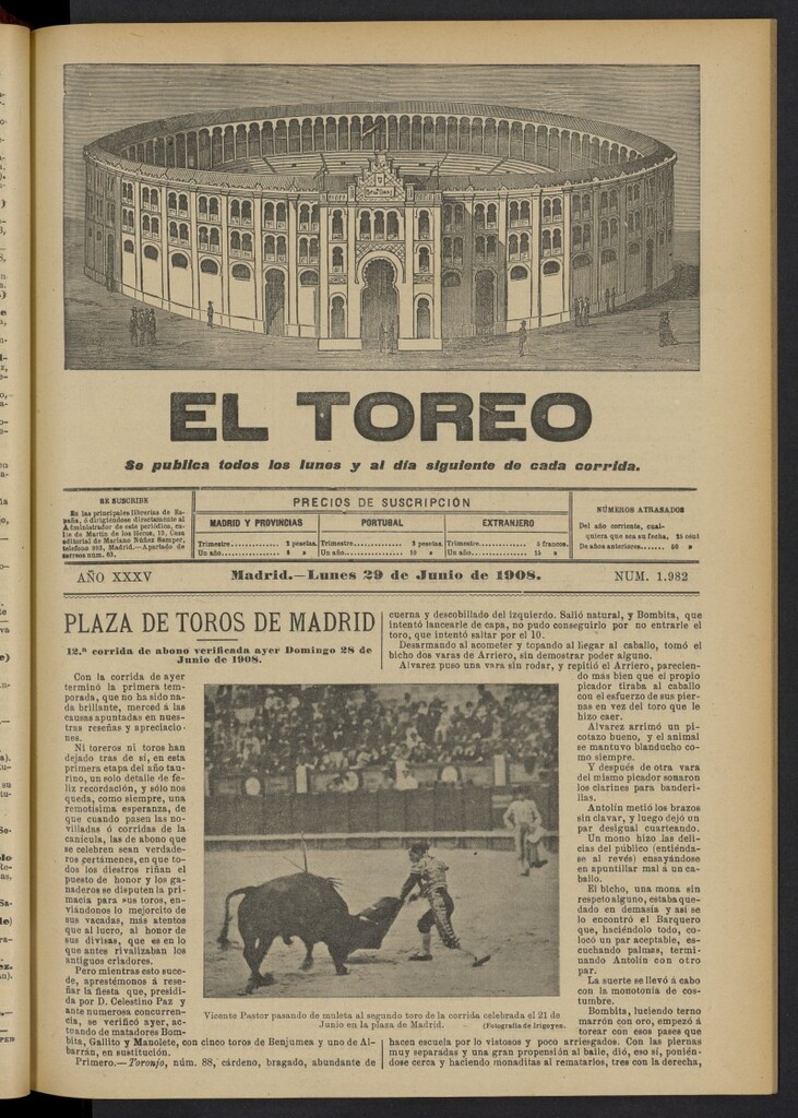 Miniatura de El Toreo: suplemento a "La Correspondencia Teatral"  del 29 de junio de 1908, nº 1982