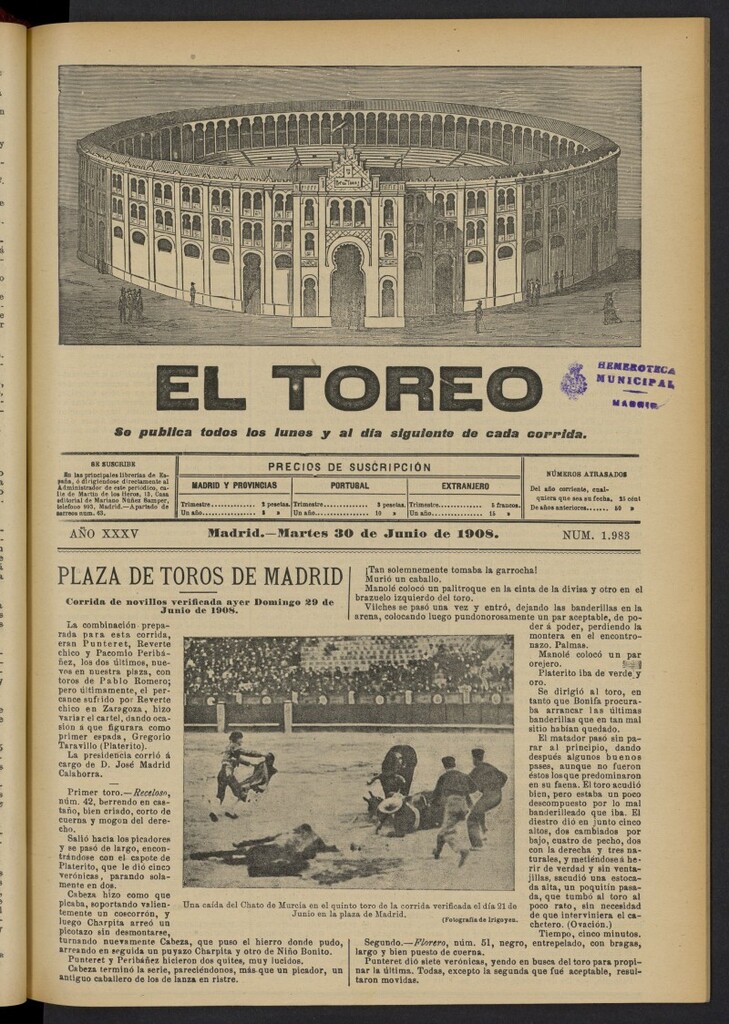 Miniatura de El Toreo: suplemento a "La Correspondencia Teatral"  del 30 de junio de 1908, nº 1983