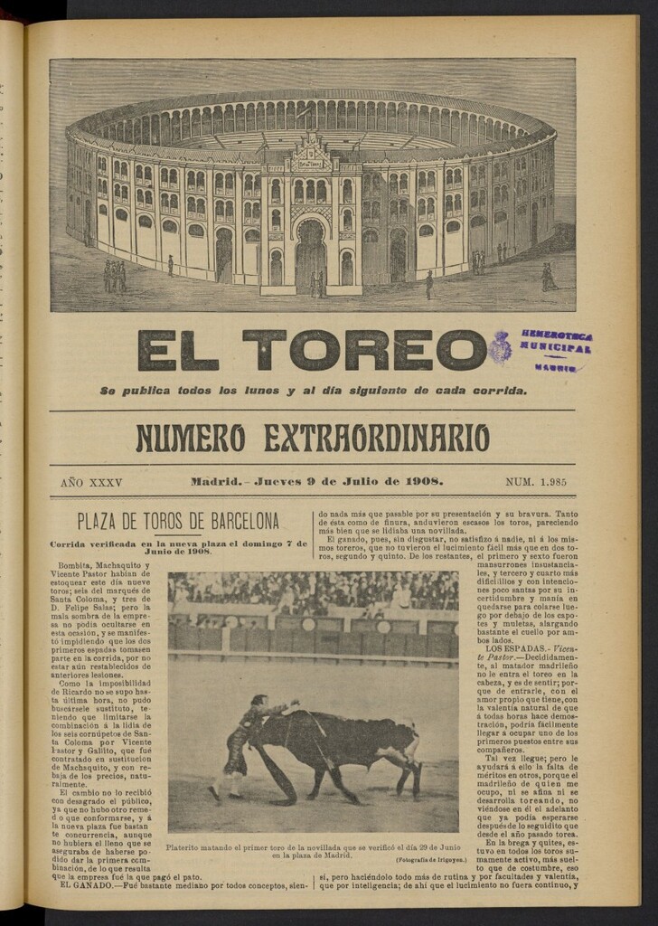 Miniatura de El Toreo: suplemento a "La Correspondencia Teatral"  del 9 de julio de 1908, nº 1985