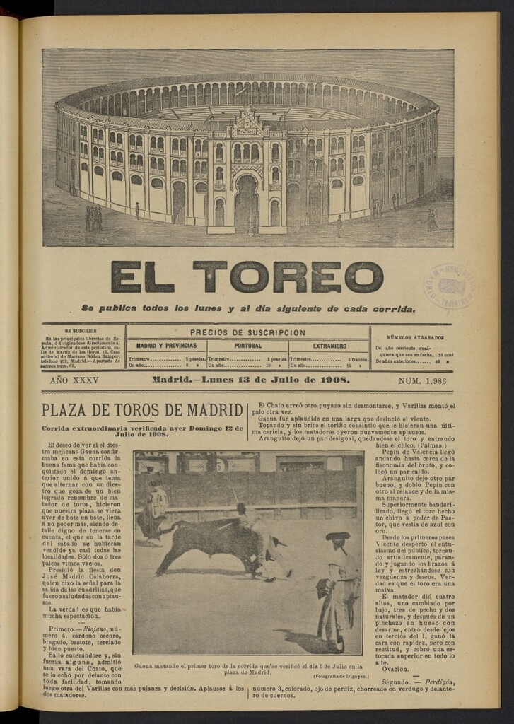 Miniatura de El Toreo: suplemento a ´´La Correspondencia Teatral´´  del 13 de julio de 1908, nº 1986