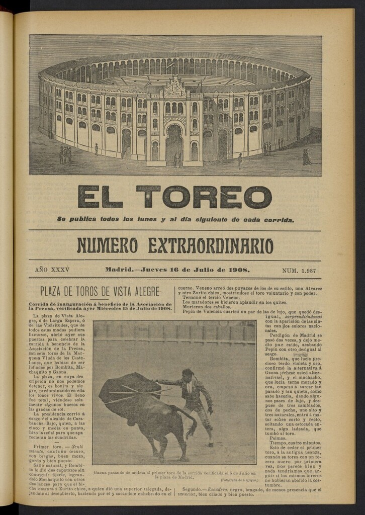 Miniatura de El Toreo: suplemento a ´´La Correspondencia Teatral´´  del 16 de julio de 1908, nº 1987