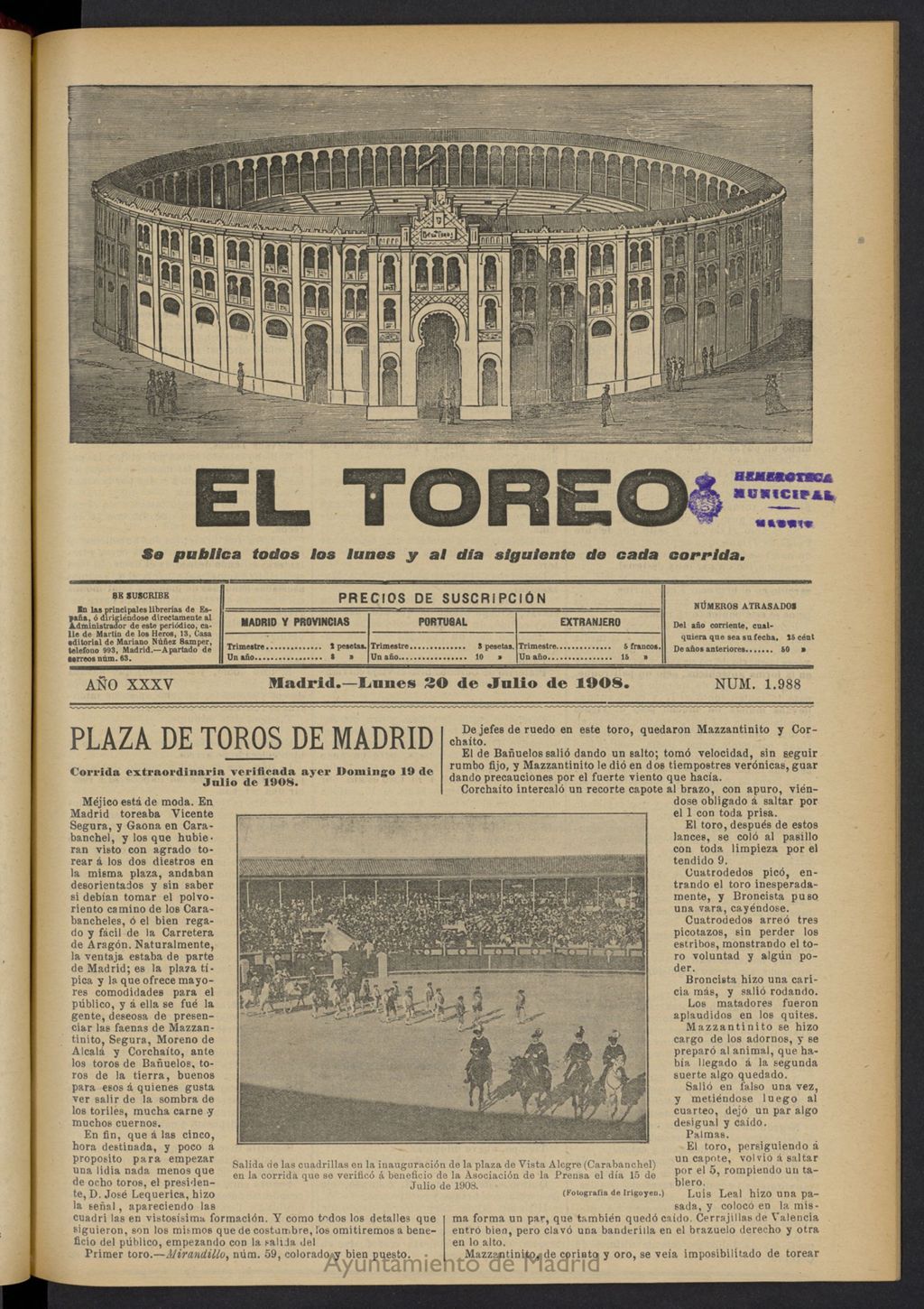 Miniatura de El Toreo: suplemento a "La Correspondencia Teatral"  del 20 de julio de 1908, nº 1988