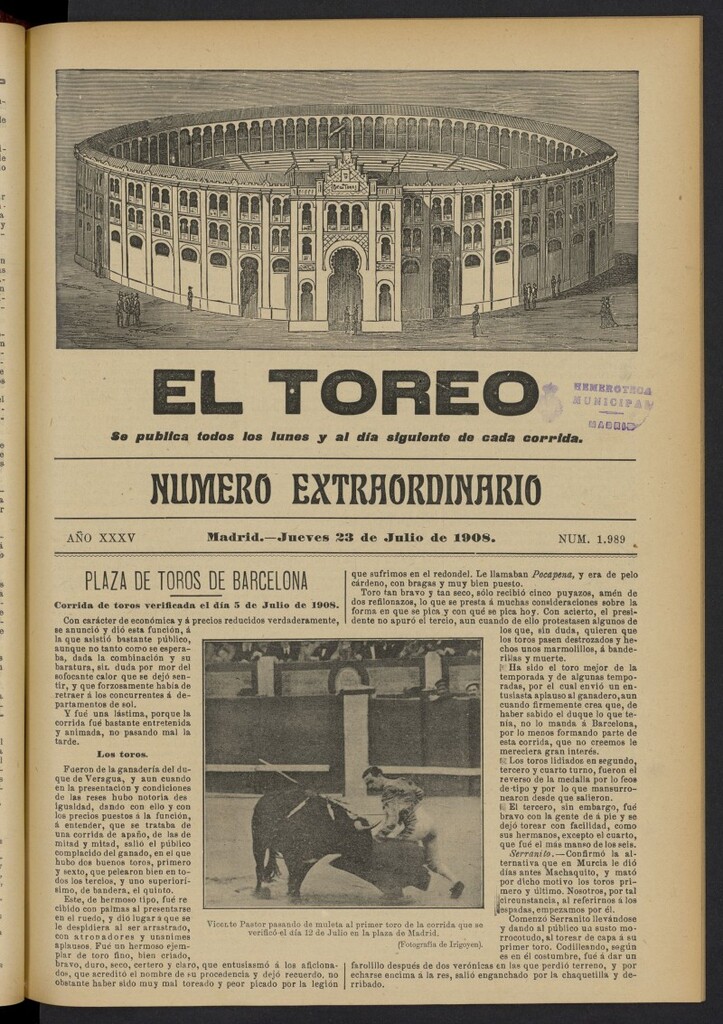 Miniatura de El Toreo: suplemento a "La Correspondencia Teatral"  del 23 de julio de 1908, nº 1989