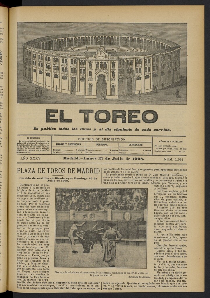 Miniatura de El Toreo: suplemento a "La Correspondencia Teatral"  del 27 de julio de 1908, nº 1991