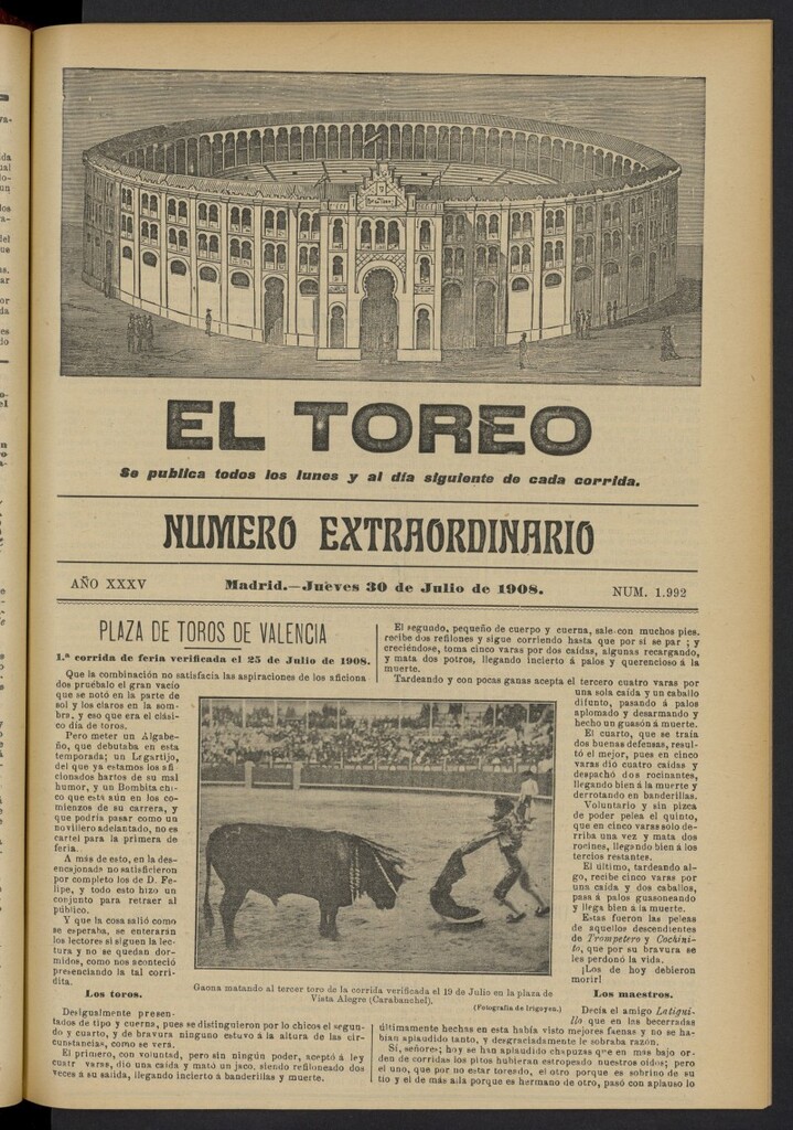 Miniatura de El Toreo: suplemento a "La Correspondencia Teatral"  del 30 de julio de 1908, nº 1992