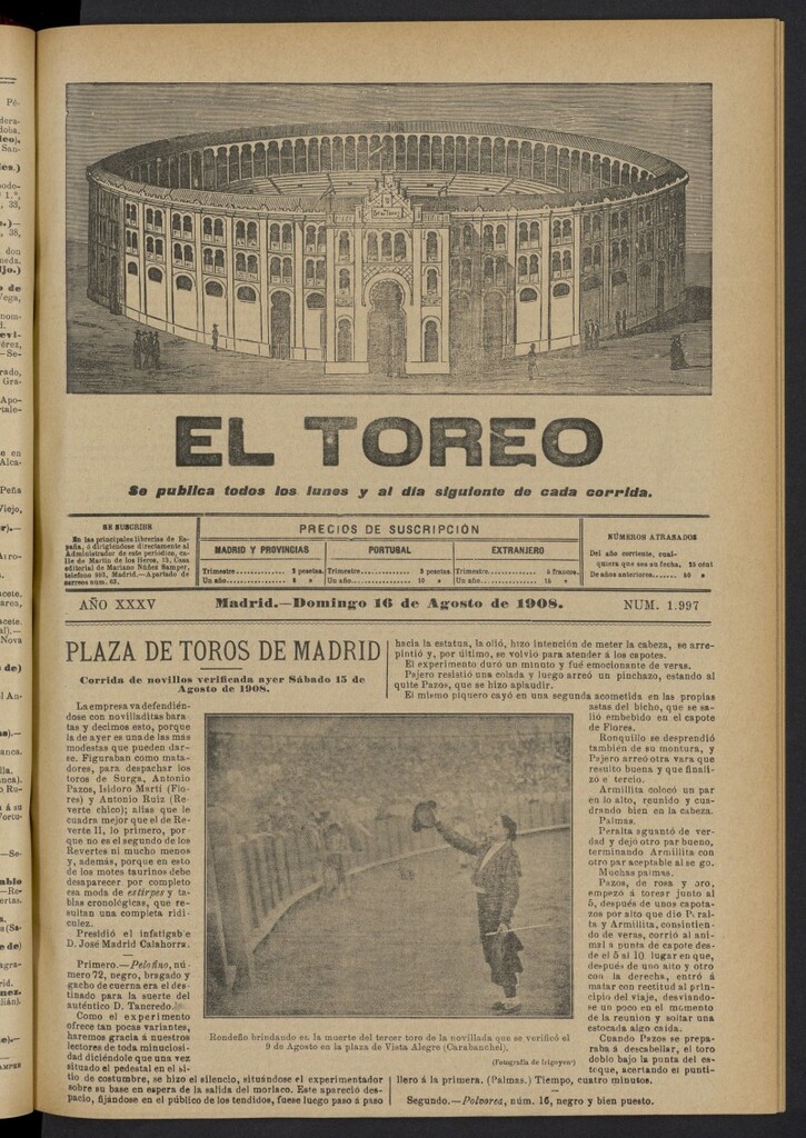Miniatura de El Toreo: suplemento a ´´La Correspondencia Teatral´´  del 16 de agosto de 1908, nº 1997