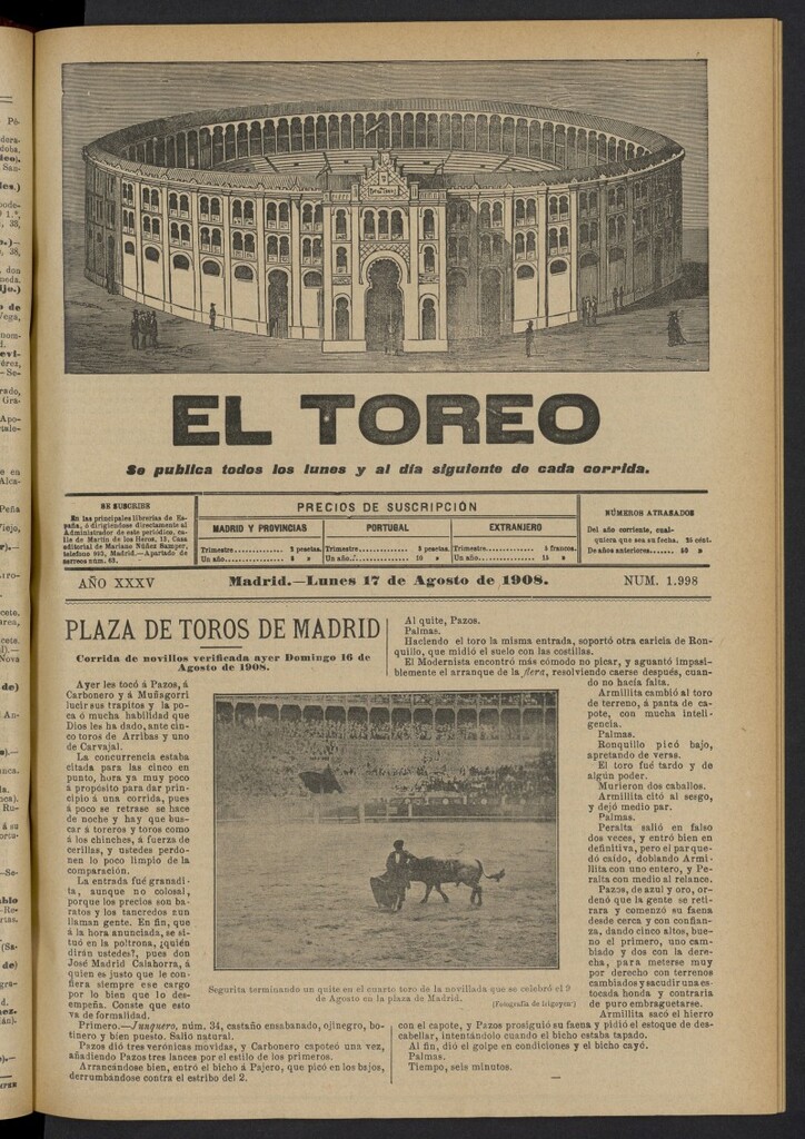 Miniatura de El Toreo: suplemento a ´´La Correspondencia Teatral´´  del 17 de agosto de 1908, nº 1998