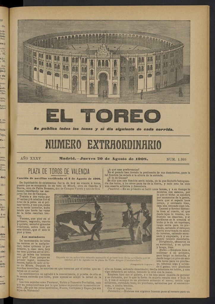 Miniatura de El Toreo: suplemento a ´´La Correspondencia Teatral´´  del 20 de agosto de 1908, nº 1999