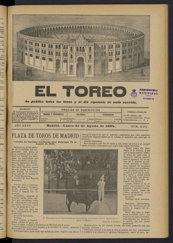 Miniatura de El Toreo: suplemento a "La Correspondencia Teatral"  del 31 de agosto de 1908, nº 2002