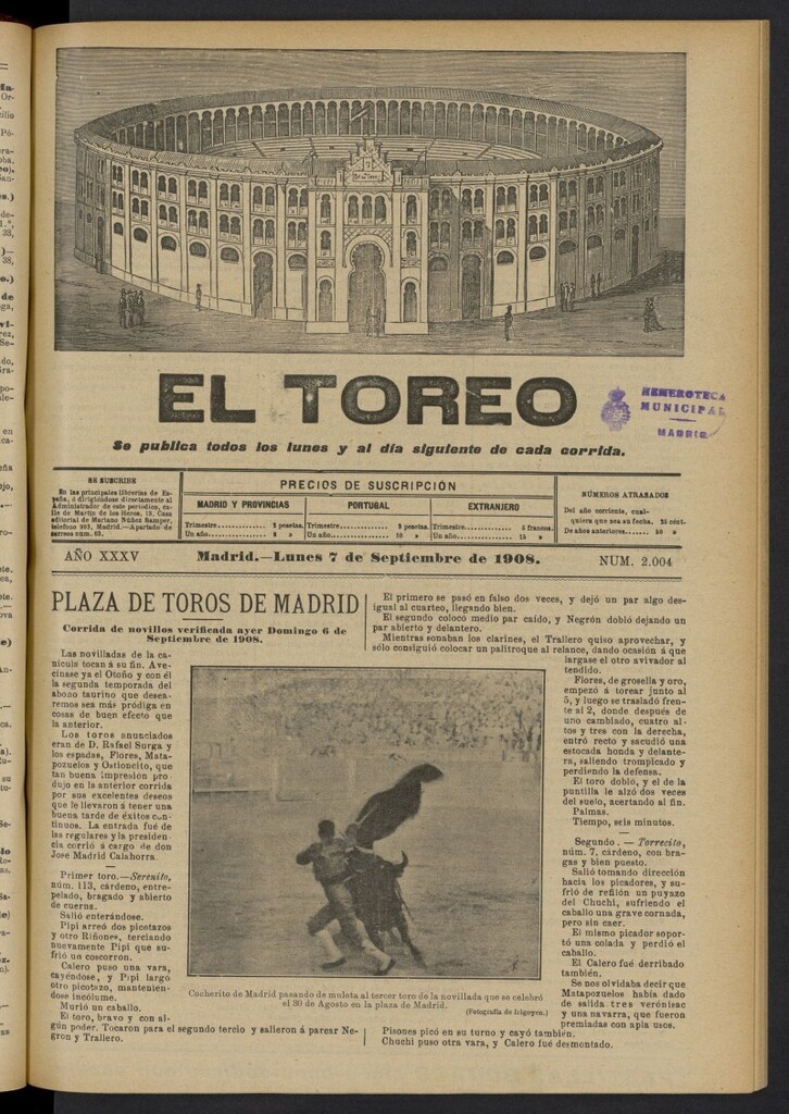 Miniatura de El Toreo: suplemento a "La Correspondencia Teatral"  del 7 de septiembre de 1908, nº 2004