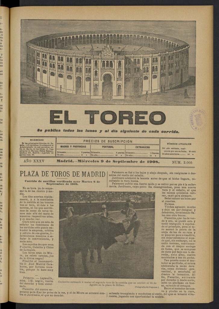 Miniatura de El Toreo: suplemento a "La Correspondencia Teatral"  del 9 de septiembre de 1908, nº 2005