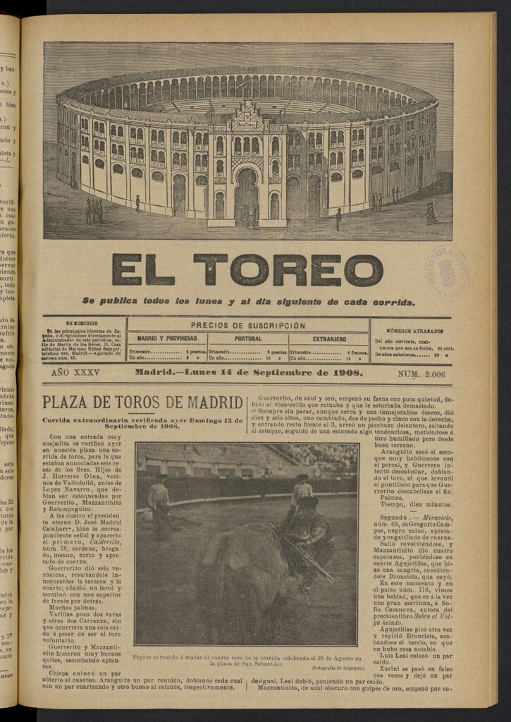 Miniatura de El Toreo: suplemento a ´´La Correspondencia Teatral´´  del 14 de septiembre de 1908, nº 2006