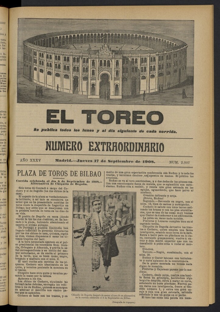 Miniatura de El Toreo: suplemento a ´´La Correspondencia Teatral´´  del 17 de septiembre de 1908, nº 2007